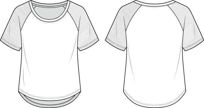 Technical flat sketch of women's raglan sleeve t-shirt, front and back view, fashion design vector apparel template.