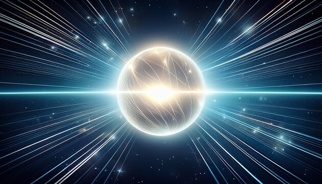 white glowing orb emits dynamic light trails into starry void