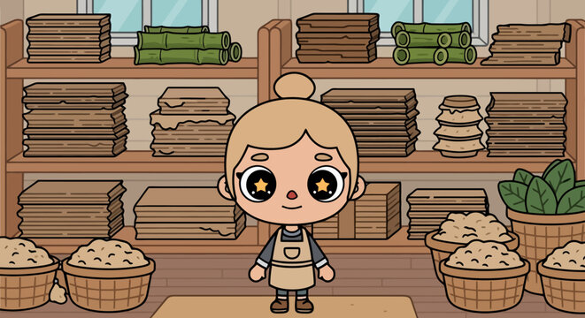 Cute Toca Boca character with sparkling eyes and apron.