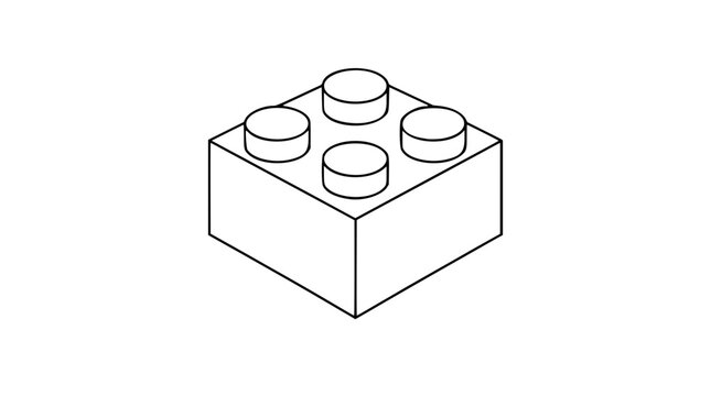 A clean black and white vector line art illustration of a classic building block with four studs on top, representing construction, toys, and creativity. Minimalist outline design for web and print.