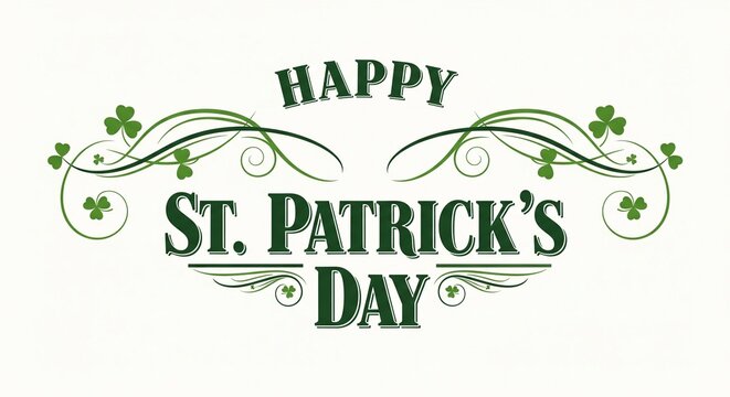 Happy St. Patrick's Day Green Typography with Shamrocks and Swirls on White Background