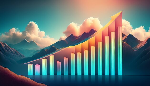 rising bar chart in clouds with mountain backdrop business growth analytics concept