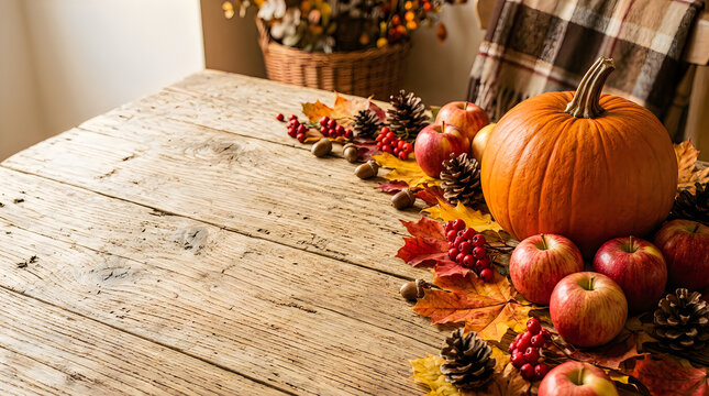 Autumn harvest display on rustic wooden shelf with pumpkins and pine cones