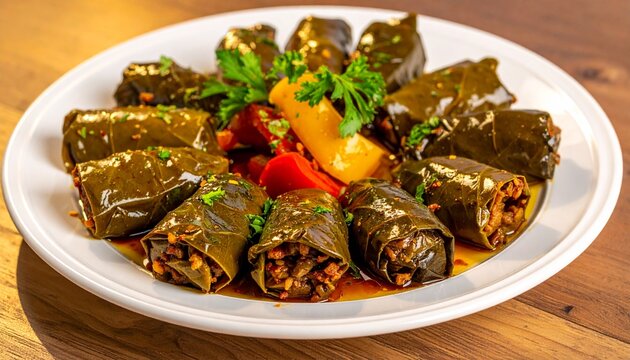 Traditional dolma dish. Platter of authentic middle eastern stuffed vine leaves with vegetables and savory meat filling.