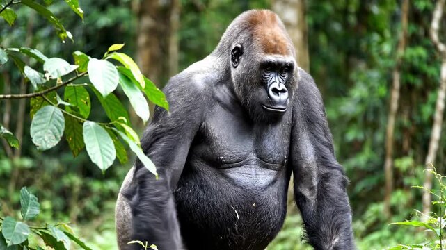A mighty silverback gorilla moves through the dense tropical rainforest canopy looking for food while exhibiting his massive physical strength and powerful presence within the wild nature