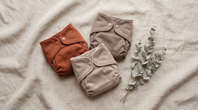 Three earth-toned cloth diapers arranged on a soft textured fabric surface