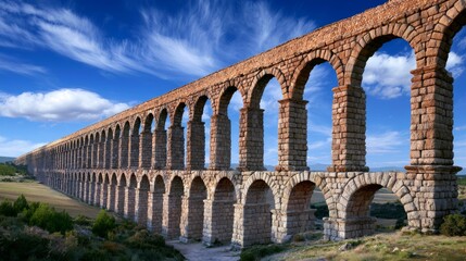 Fototapeta premium Ancient Stone Aqueduct Stretching Across Dramatic Landscape Under Blue Sky with Clouds