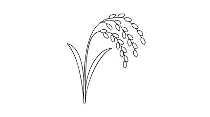 A minimalist black line art vector illustration of a single rice stalk with drooping grains and long leaves, representing agriculture, harvest, and organic food sources in a clean, scalable design © MdKHALILUR