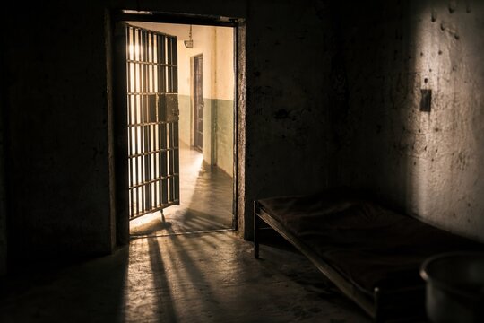 Open prison cell door with light streaming into the dark interior.