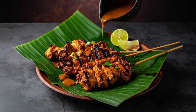 Authentic chicken satay dish. Pouring thick savory peanut sauce over hot grilled meat skewers.