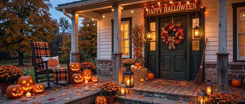Cozy halloween decorated porch with jackolanterns and autumn foliage