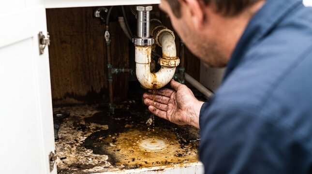 Plumber checking leakage under sink in kitchen. Professional worker inspecting damaged pipe and water drip.