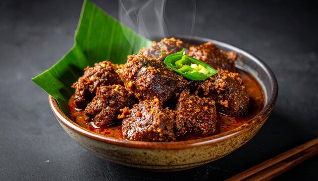 Steaming hot beef rendang. Spicy traditional minang meat dish garnished with green chili served on a ceramic bowl.