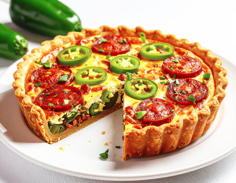 Quiche with green chiles and chorizo, Mexican cuisine, white plate. AI