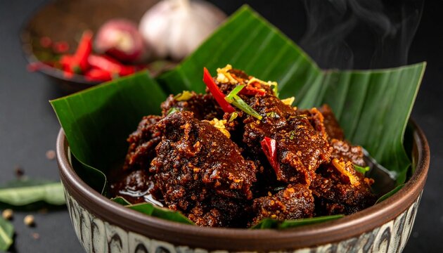 Authentic beef rendang curry. Delicious slow cooked caramelized indonesian beef stew on green banana leaf with dark background.