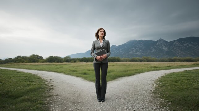A businesswoman stands at the crossroads, holding two different paths in her hands and thinking about which path to choose.