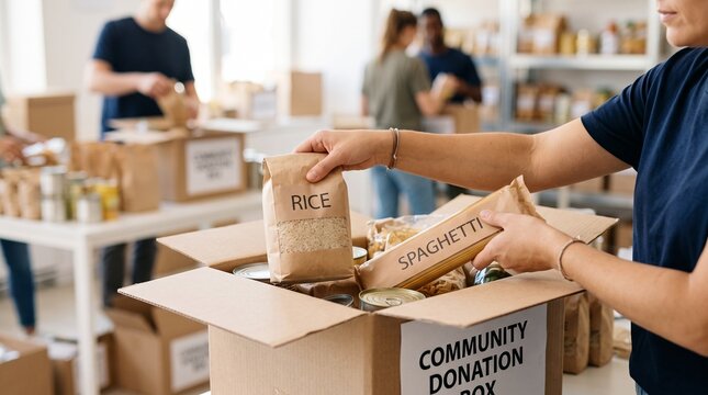 Woman volunteer packing rice and spaghetti into community donation box. Charity food drive in storage room. Social support, humanitarian aid and poverty relief action for people.