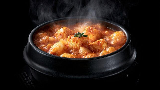 Hot stew bubbles in a dark pot, emitting steam.
