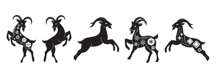 Fototapeta premium Chinese New Year 2027 Year of the Goat vector element set. Five jumping goat silhouettes with floral and geometric ornaments for Lunar zodiac greeting cards, festive decorations, posters and banners.