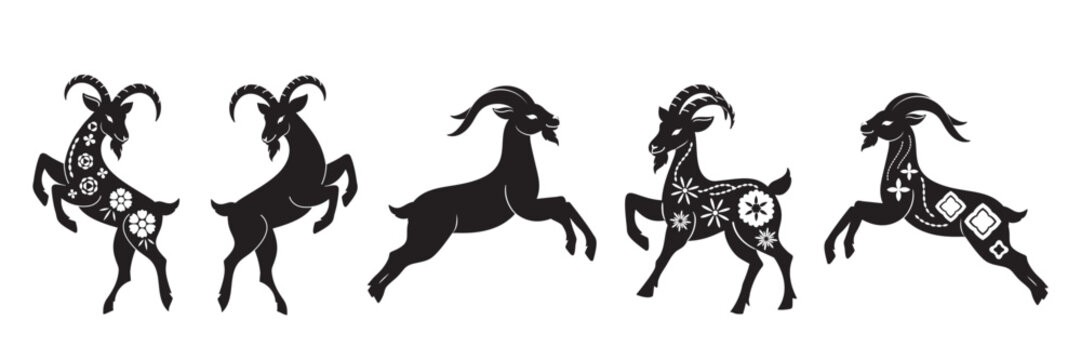 Chinese New Year 2027 Year of the Goat vector element set. Five jumping goat silhouettes with floral and geometric ornaments for Lunar zodiac greeting cards, festive decorations, posters and banners.