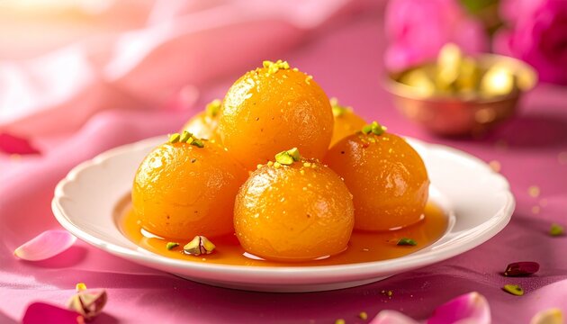 Soft gulab jamun sweets. Classic indian festive dessert of fried milk balls in sweet syrup with chopped nuts.