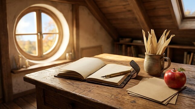 Cozy writing desk in a sunlit rustic attic with open journal