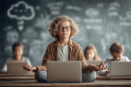 A student wearing glasses is sitting in a classroom, using a laptop computer while other students are working on laptops.