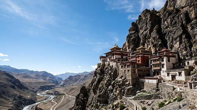Ancient monastery built on a steep cliff overlooking a mountain valley