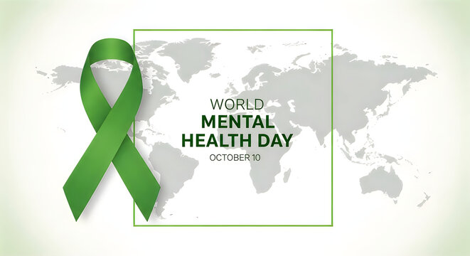 World mental health day poster with green ribbon symbol and minimalist global map design.