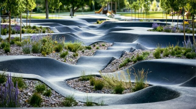 Wavy Asphalt Track Featuring Lush Greenery and Inviting Pump for Bicycle Riders and Enthusiasts