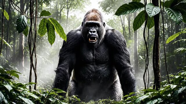 A massive silverback gorilla stares intensely while standing amidst the thick greenery of his natural rainforest habitat, projecting raw power and complete dominance within the lush jungle