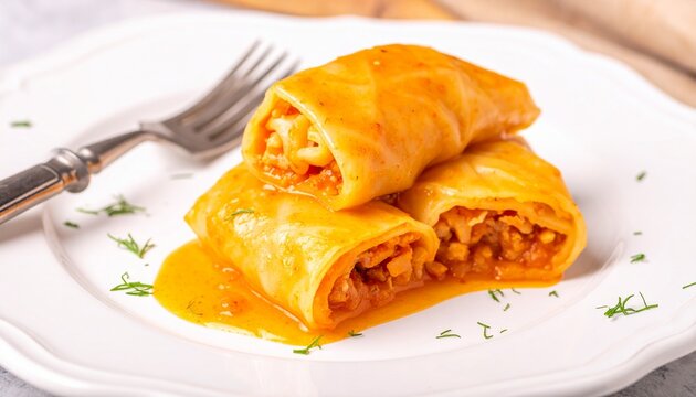 Stuffed cabbage rolls close up. Delicious homemade toltott kaposzta showing savory meat filling and rich tomato sauce.