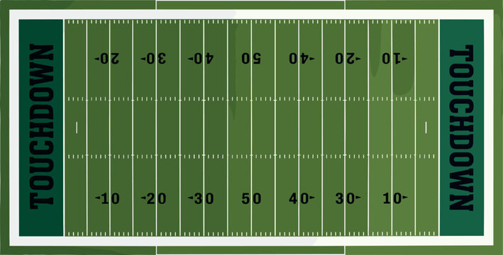 American football field top view vector layout with yard lines yard numbers and touchdown zones green grass pitch design