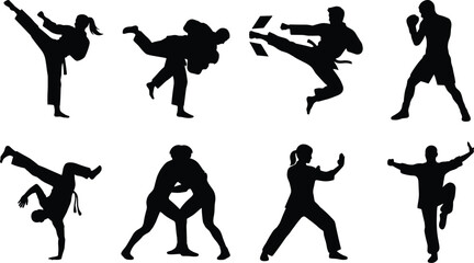 Martial arts vector silhouettes set featuring karate kick taekwondo judo throw boxing capoeira wrestling and kung fu fighter action poses © Robiul