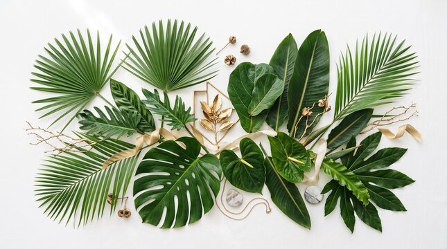 Luxurious tropical leaf arrangement with gold accents on a white background