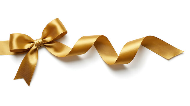 Golden decorative ribbon with bow on white
