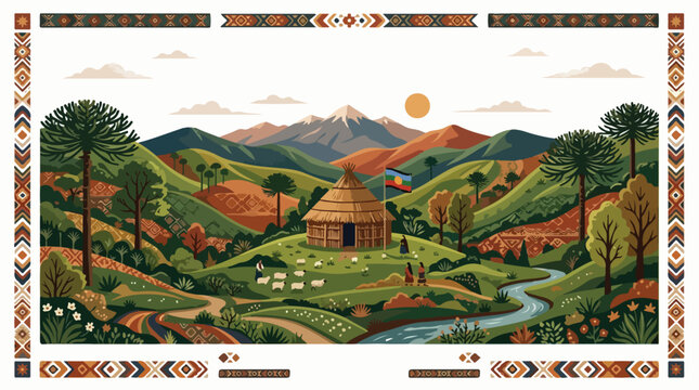 Traditional Mapuche Ruka Dwelling in a Lush Landscape.