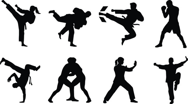 Martial arts vector silhouettes set featuring karate kick taekwondo judo throw boxing capoeira wrestling and kung fu fighter action poses