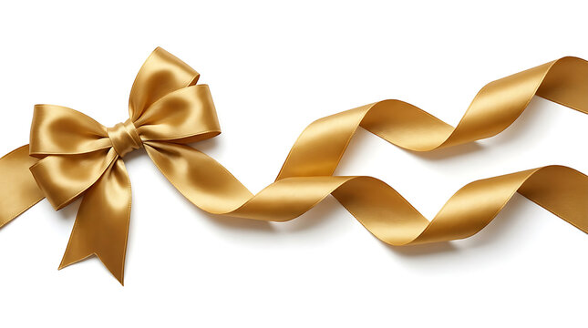 Golden decorative ribbon bow on white