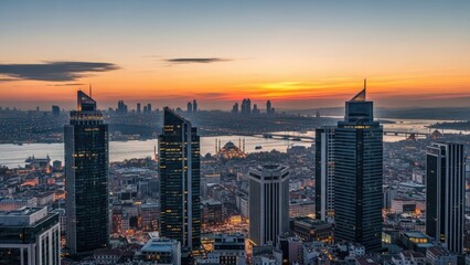 Fototapeta premium Modern city skyline with skyscrapers during golden sunset hour.
