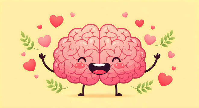 Cartoon brain with heart icons and green leaves on light yellow background, mental health concept.