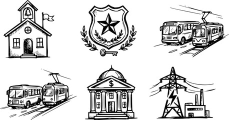 Fototapeta premium Hand-drawn set of urban infrastructure icons representing public services like school, police, transportation, finance, and energy in a simple black and white sketch style