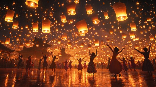 Night of glowing lanterns, joyful celebration.  A vast crowd of people raise their hands in a mesmerizing dance amongst lanterns rising in the night sky