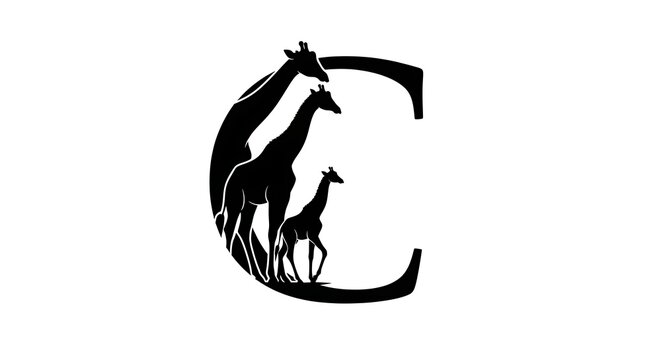 Black Giraffe Family Silhouette Forming Letter C on White Background