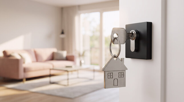 A close-up of a silver key with a house-shaped keychain inserted in a modern black door lock, with a bright blurred living room interior in the background, representing new home purchase, real estate