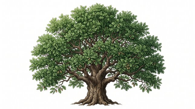 Detailed illustration of a majestic oak tree with lush green foliage and acorns