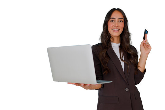 Woman holding laptop and credit card, smiling, promoting online shopping, e-commerce, and digital payment methods