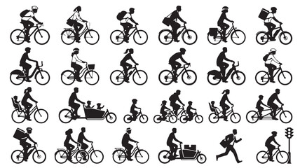 Naklejka premium Set of diverse cyclist silhouettes including commuters, families, delivery riders, and cargo bikes on white.