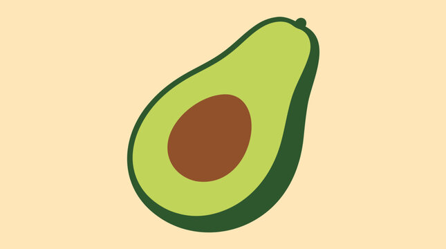 Fresh half avocado vector illustration with bright green flesh, dark rind and brown pit on warm beige background, modern fruit icon for healthy eating, vegan recipes, grocery and kitchen branding