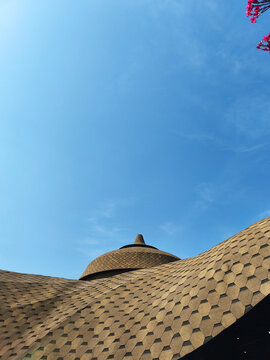 The unique textured dome roof of a modern building, The design emphasizes organic architecture with curved shapes under a clear blue sky, designed in the shape of a stupa, with a conical peak, The bui
